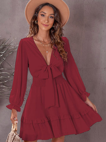 Shirt Dresses Pink V-Neck Ruffles Long Sleeves Polyester Dresses Mini Dresses