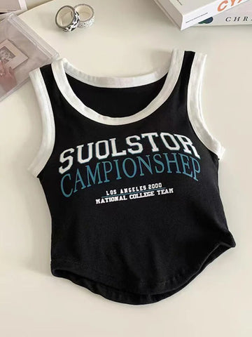 Camiseta sin mangas con estampado de letras para mujer, estilo coreano, con bloques de color y sujetador incorporado, estilo deportivo informal sin mangas, envío directo 