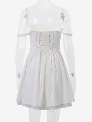 Sommer Minikleider Weiße Träger Hals Spitze Strandkleid 