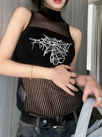 Streetwear Punk Hollowed Out Sleeveless Vest Sexy Tank Top Women Spider Print Goth Aesthetic Summer Fashion Girls Casual Tops