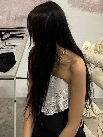 TARUXY Splice Lace Crop Tops Damen Bodycon Sexy Off the Shoulders Ärmelloses Tank Top Damen Club Slim Hollow Out Kleidung 2023 
