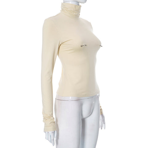 Blusa interior lisa con cuello de tortuga para otoño e invierno, con adornos de metal, parte inferior para mujer, informal, cómoda, ropa de calle 