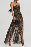 Strapless Zebra Sheer Slit Maxi Dress