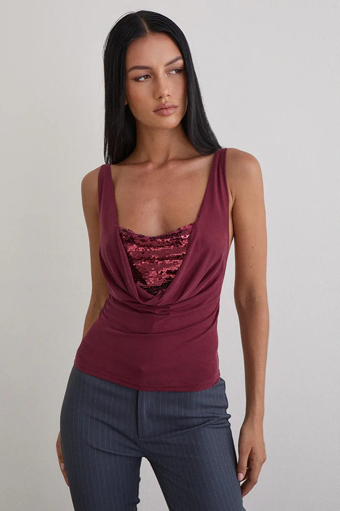 Chic Solid Slim U Neck Sequin Cami Top