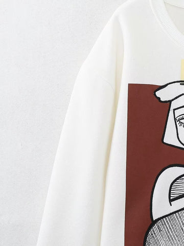 Suéter holgado de algodón con estampado bordado para niña, color blanco otoñal 