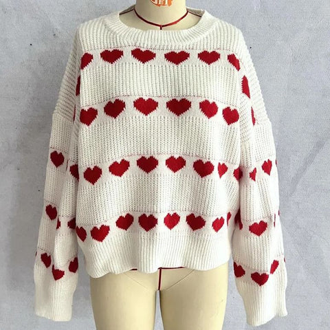 Suéter de punto con rayas de corazón rojo Lovey 