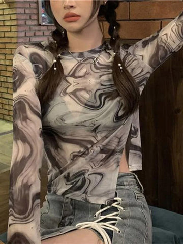 Camisetas de mujer Otoño Invierno 2024 Top corto sexy Ropa Y2K Gráfico Hada Grunge Estética Vintage Top de manga larga Ropa de calle 