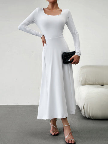 Vestidos midi de corte A, cintura alta, color liso, cintura anudada y cuello en U 