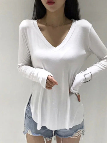 Camiseta informal con cuello en V para mujer, primavera 2024, estilo coreano, ropa para mujer, camisetas básicas, camisetas de manga larga, camisetas holgadas, camisetas 