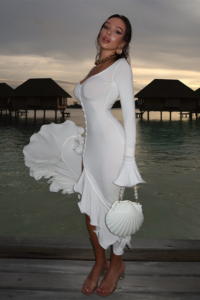 Solid Flare Sleeve Split Maxi Dress