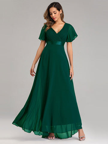Chiffon-Ballkleider V-Ausschnitt Kurze Ärmel Halbformelles Maxikleid 