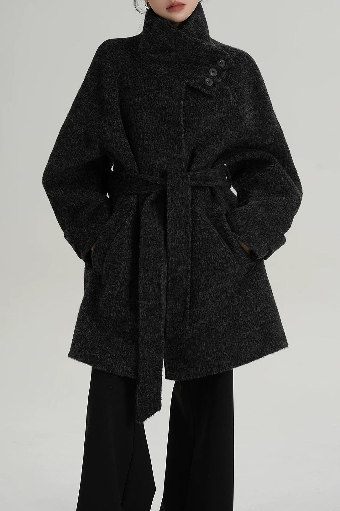 Chic Solid Wool Warm Loose Mock-neck Coat