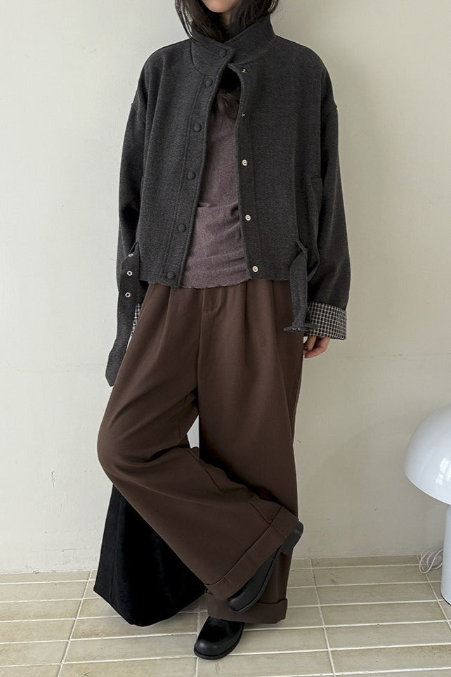 Short Cuffed Check Pieced Stand Collar Wool Coat