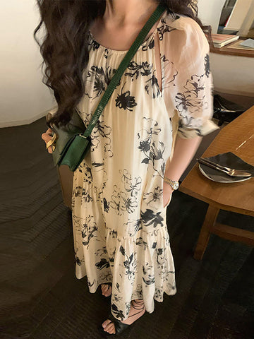 Women Summer National Floral Ink-print Pleat Loose Dress