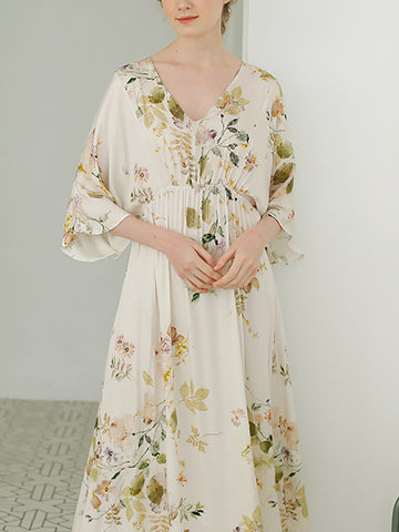 Damen Sommer Blumen Artsy V-Ausschnitt Drapiertes lockeres Nachtkleid 