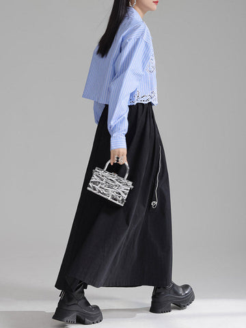 Lange Ärmel Lose Geknöpft Hohl Einfarbig Revers Blusen &amp; Hemden Tops 