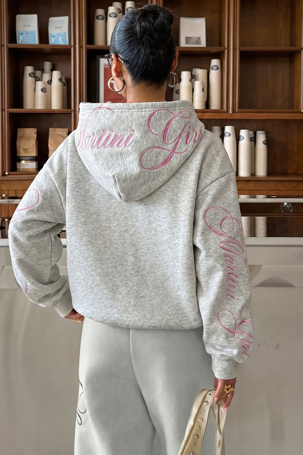 Pink Script Embroidered Pullover Hoodie