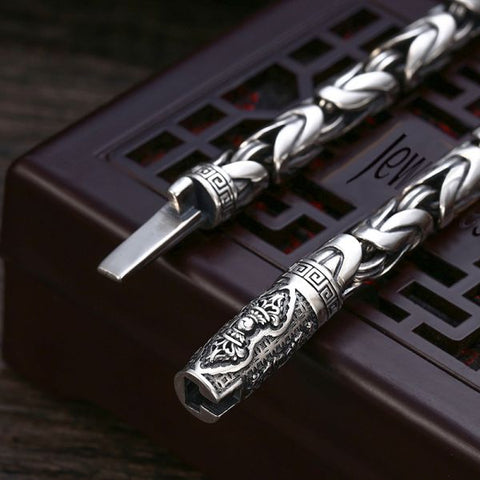 Sterling Silver Six Character Truth Vajra Clasp Byzantine Bracelet