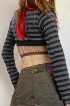 U Neck Stripe Cropped Knit Blouse