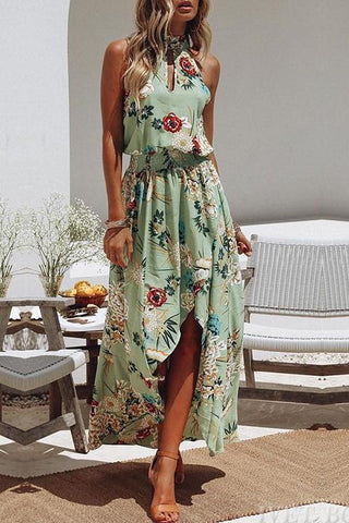 Vestido verde con estampado floral y cuello redondo de moda 