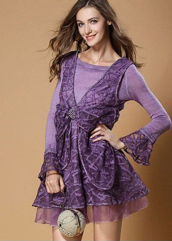 Estilo Morado Lazo Patchwork Tul Estampado Falso Dos Piezas Vestidos de Media Pierna Primavera 