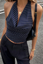 Elegant Stripe Halter Draped Tank Top