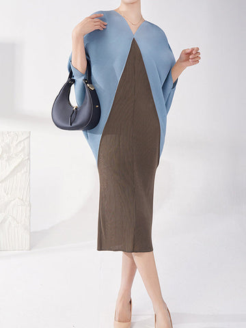 Batwing Sleeves Loose Contrast Color Pleated Round-Neck Midi Dresses