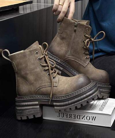 Khakifarbene, klobige Schnürstiefel aus Kunstleder mit neuem Splicing-Design 