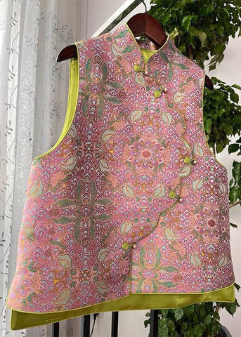 Chaleco de algodón rosa sin mangas con estampado asimétrico de botones para mujer 