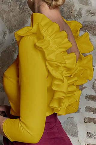 Modische, elegante, einfarbige, rückenfreie Oberteile mit Volant und Lotusblattkragen (3 Farben) 