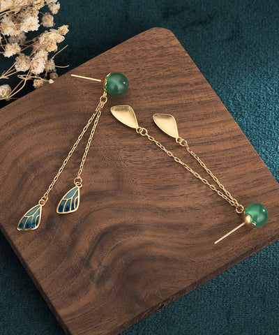 Chinese Style Gold Ancient Dharma Gold Jade Cloisonne Feather Tassel Drop Earrings