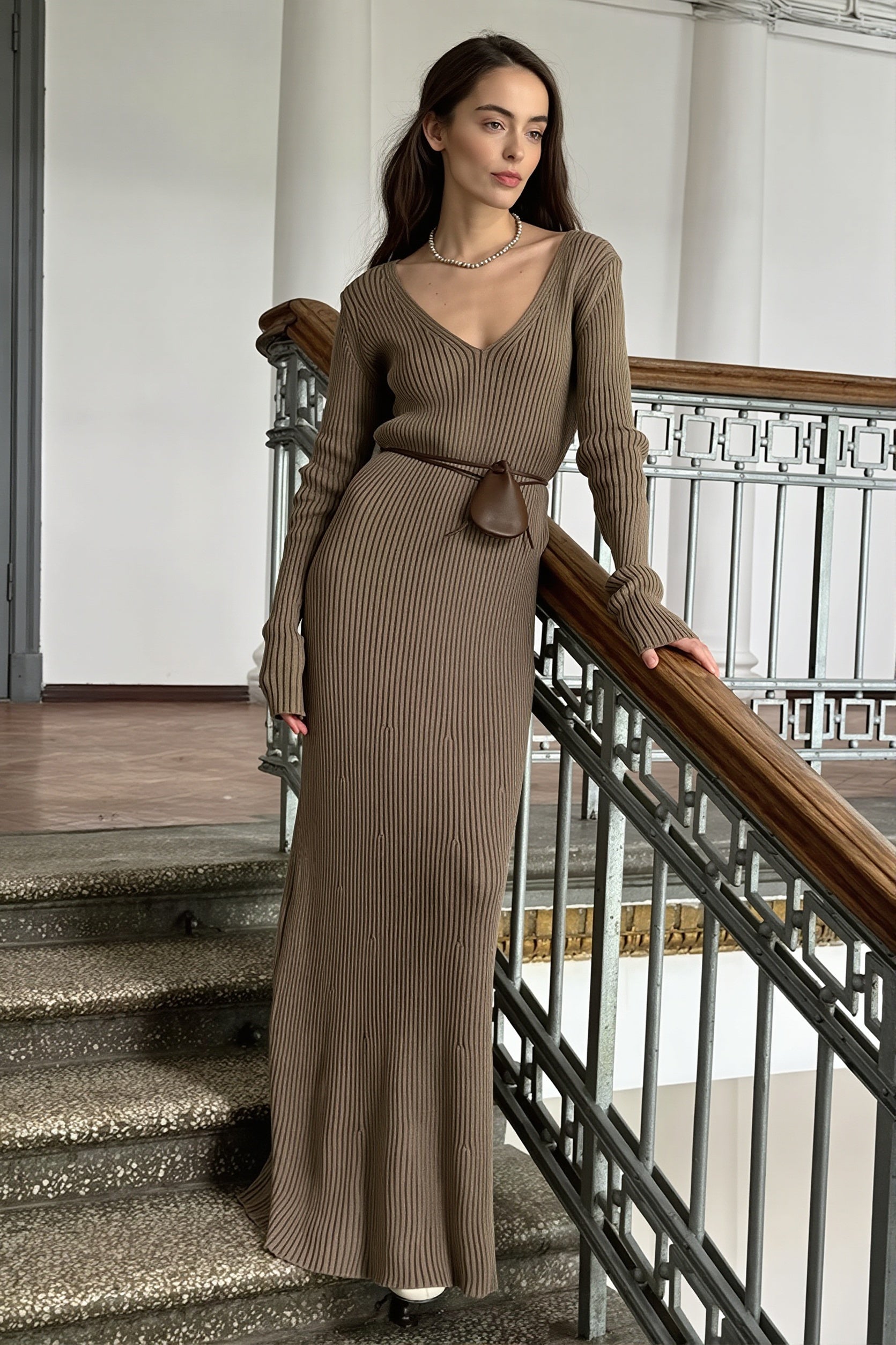 Solid Knit V-Neck Bodycon Maxi Dress