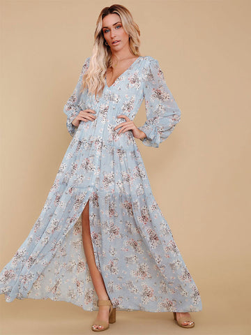 Maxi Dress V-Neck Long Sleeves Casual Floral Print Long Dress