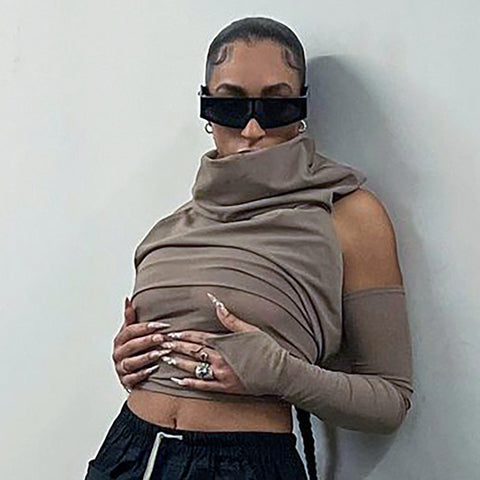Cutenova Pile Collar Backless Streetwear Women T-shirts One-sleeve Hooded Vintage Solid Crop Tops Slim Casual Fashion Clothing