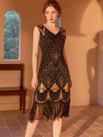 Vestido midi vintage sin mangas con cuello en V y lentejuelas para fiesta de cumpleaños 