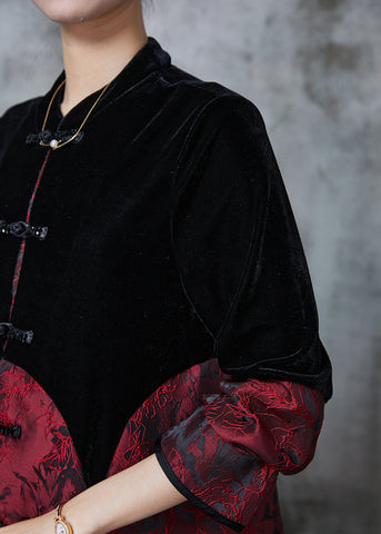 Elegante Schwarze Chinesische Taste Patchwork Samt Orientalischen Mäntel 