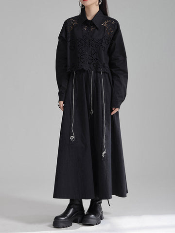 Lange Ärmel Lose Geknöpft Hohl Einfarbig Revers Blusen &amp; Hemden Tops 