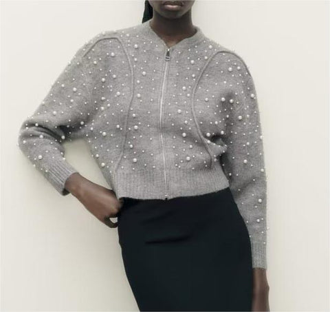 Herbst Damen Kleidung Rundhals Langarm Einreihiger Kunstperlenpullover 