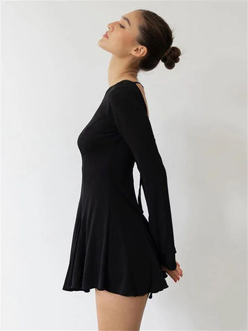 Tossy Rüschen Schnürung Rückenfreies Minikleid Für Frauen Langarm Bandage Elegante Hohe Taille Langarm Kleid Neue Feste Kleidung 