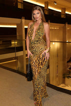 Slim Fit Leopard Cowl Backless Maxi Dress