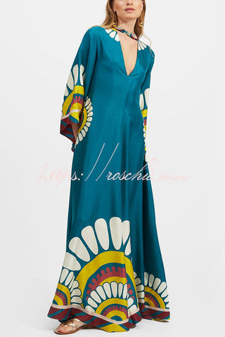 Shine The Light Unique Printed High Neck Bell Sleeve Loose Maxi Dress