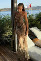Leopard Print Sexy Spice Girl Slanted Shoulder Maxi Dress