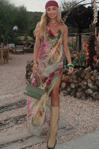 Polyester Printed Backless Cleavage Maxi Dress
