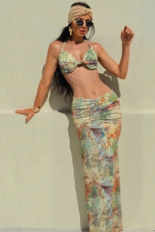 Vacation Halter Open Back Slinky Maxi Dress