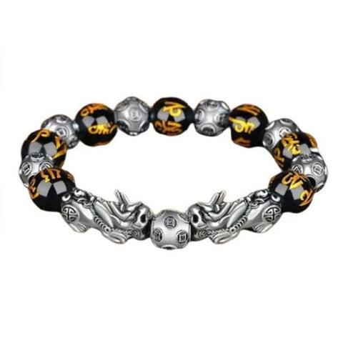 Handcrafted Silver Double Pixiu Buddhist Mantra Feng Shui Bracelet