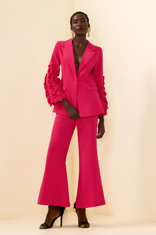 Solid Frill Long Sleeeve Blazer & High Waist Pants Set