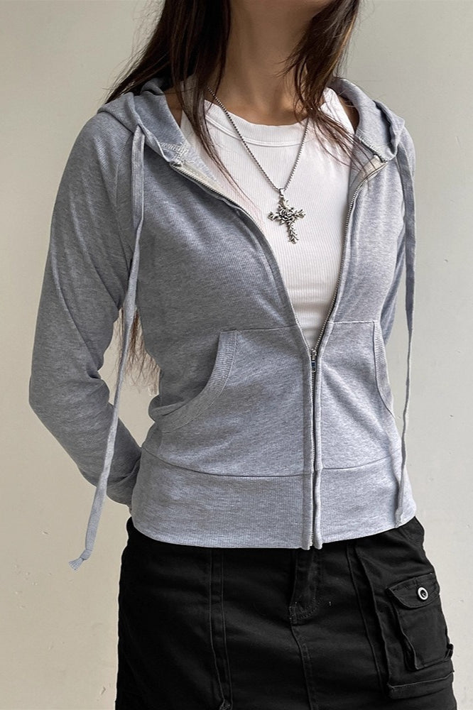 Ribbed Cropped Zip Up Hoodie