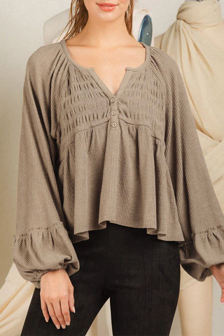 Blusa informal de cuello en V con botones y fruncido de color liso para uso diario (5 colores) 