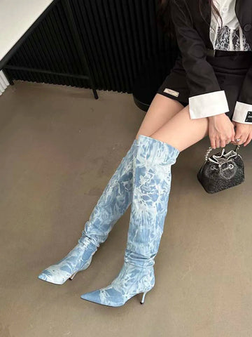 Sexy Overknee-Stiefel für Damen, Chelsea-Booties, spitze Zehenpartie, blau, schwarz, weiß, Jeansstoff, Winterschuhe, Schlupfstiefel für den Herbst 
