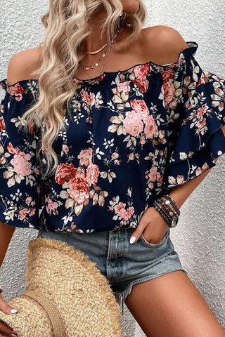 elegant blue floral off shoulder blouse